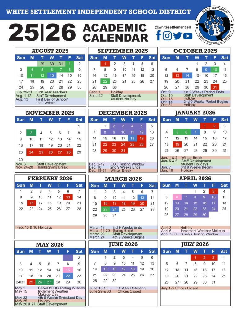 white settlement isd school calendar 25-26