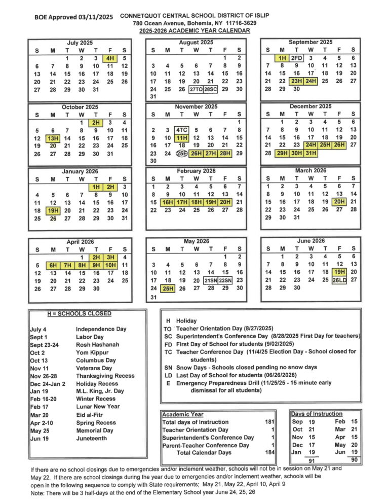 Connetquot Central School District of ISLIP Calendar 25-26 - EduCounty