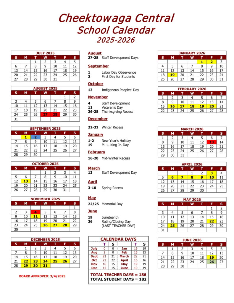 Cheektowaga CSD Calendar