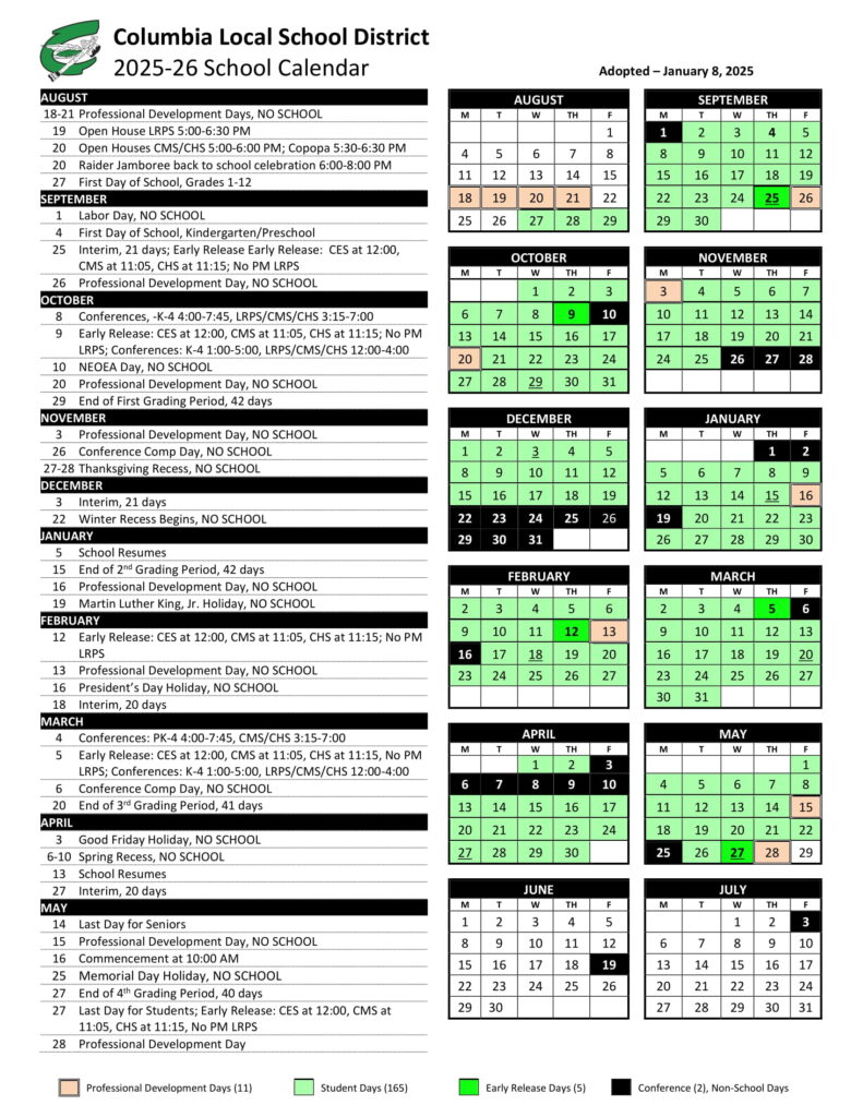 Columbia Local School District calendar 25-26