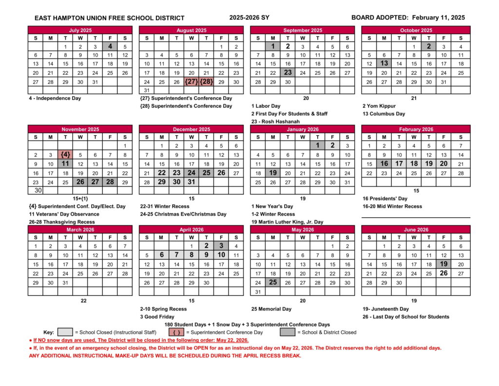 East Hampton UFSD Calendar