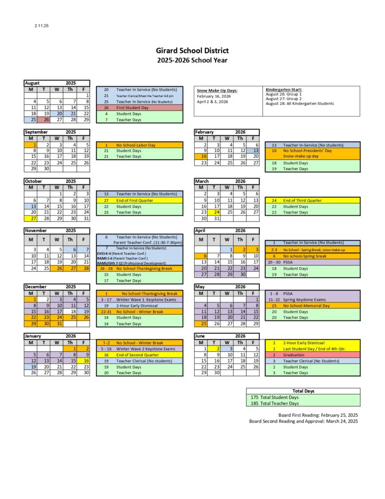 Girard School District Calendar