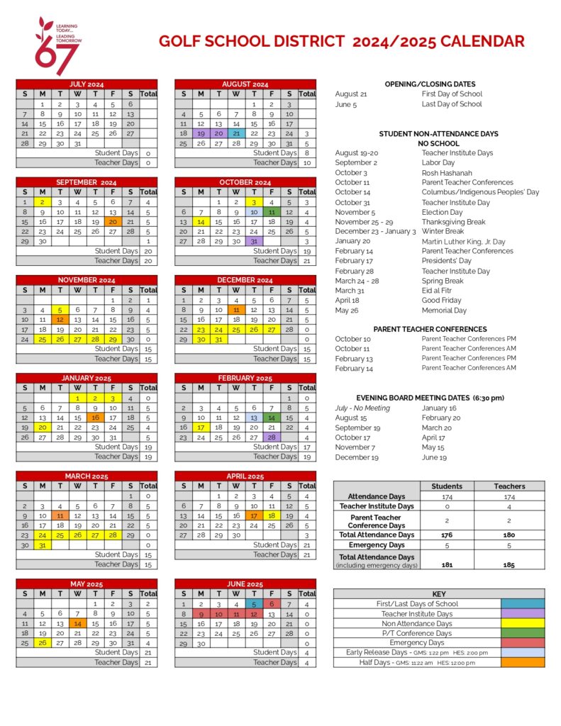 Golf School District 67 calendar