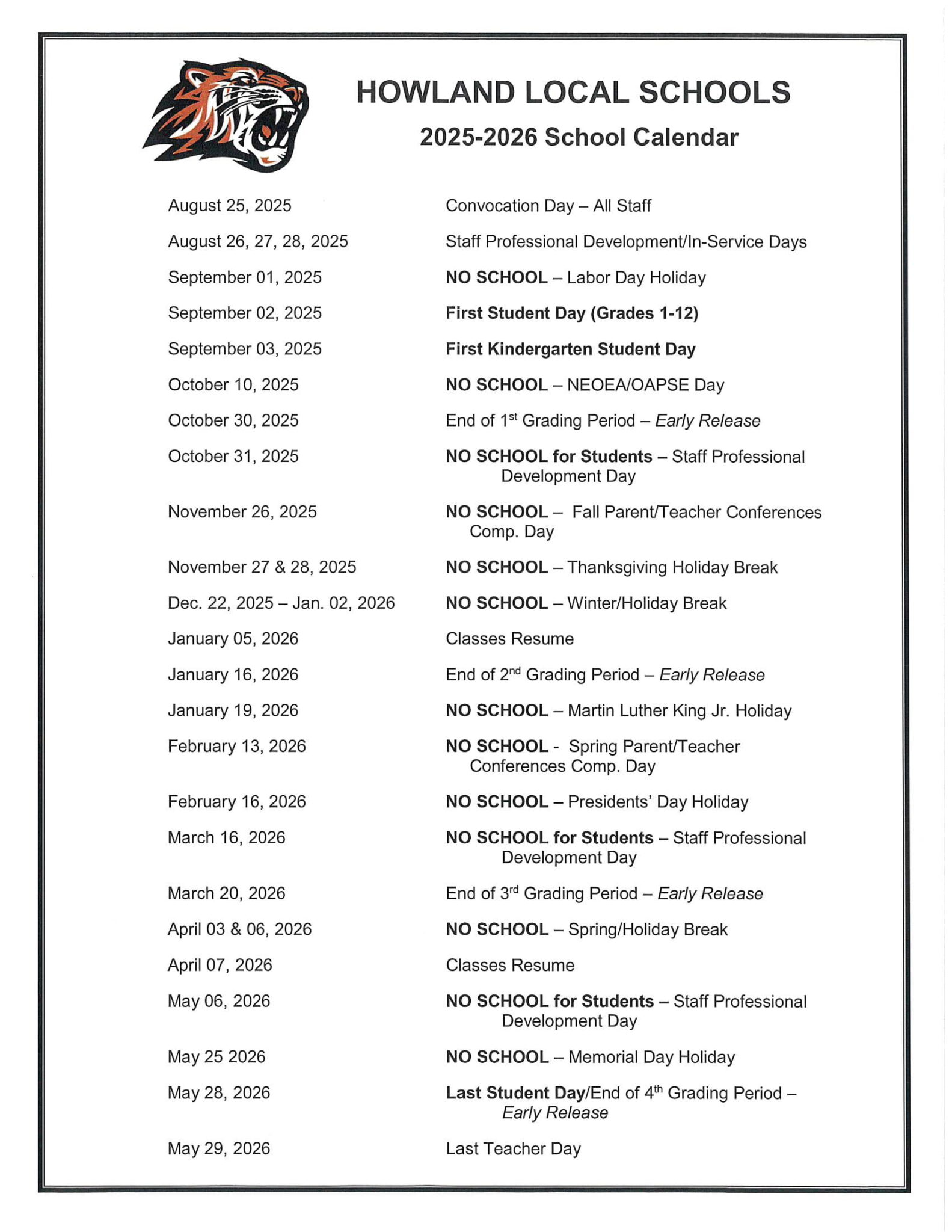 Howland Local Schools Calendar 25 26 Revised PDF EduCounty