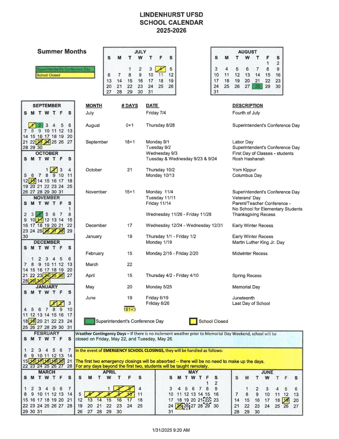 LINDENHURST UFSD Calendar 25-26 revised - EduCounty