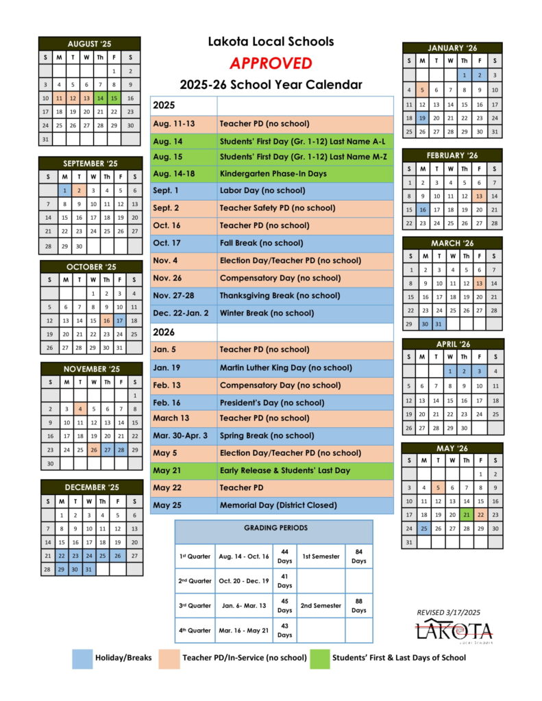 Lakota Local Schools calendar