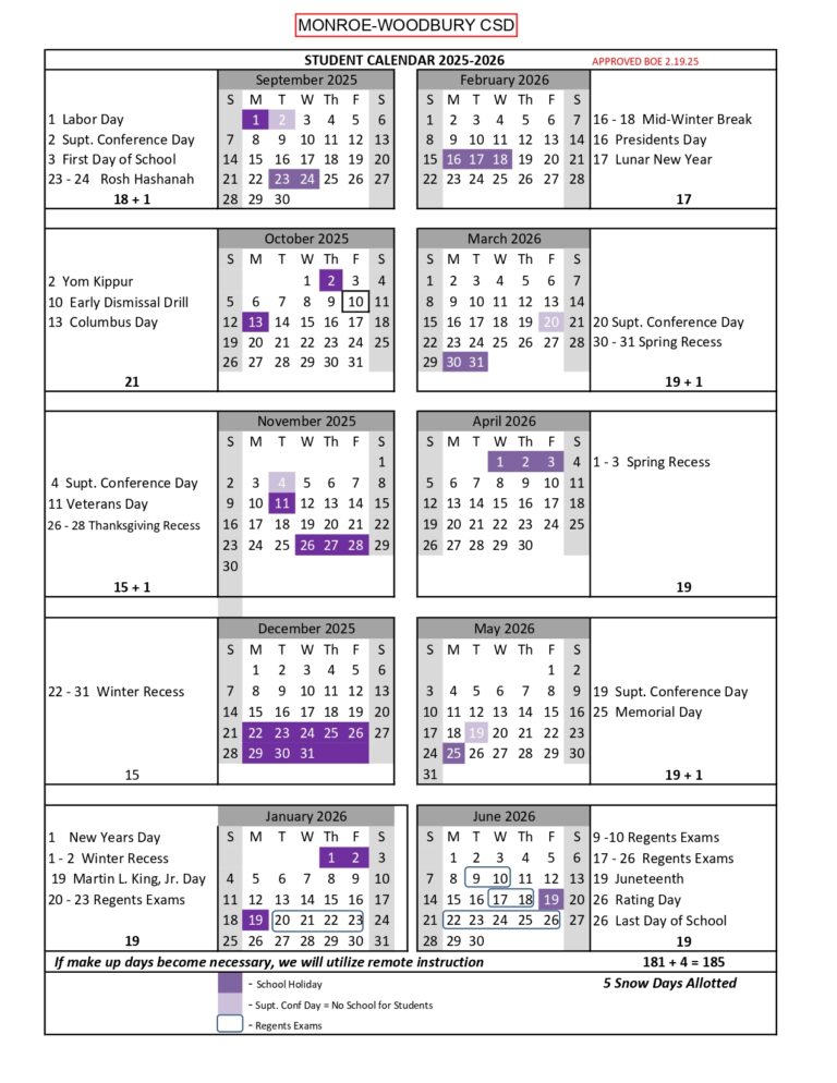 MONROE WOODBURY CSD 25 26 Calendar revised EduCounty