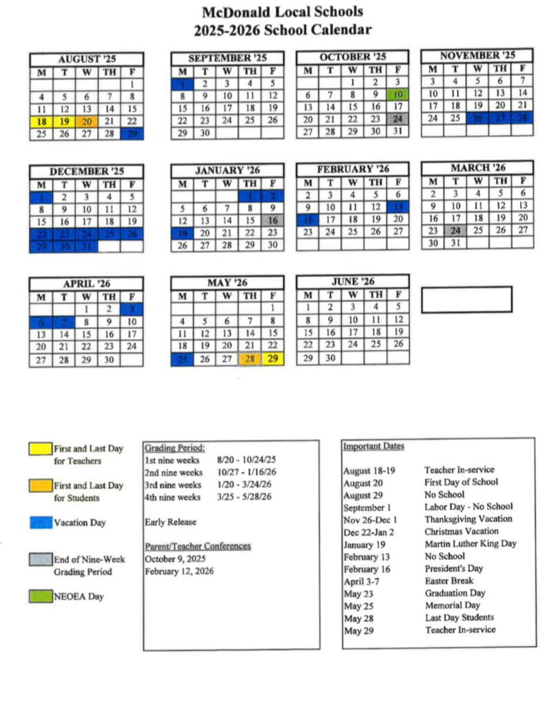 McDonald Local Schools calendar
