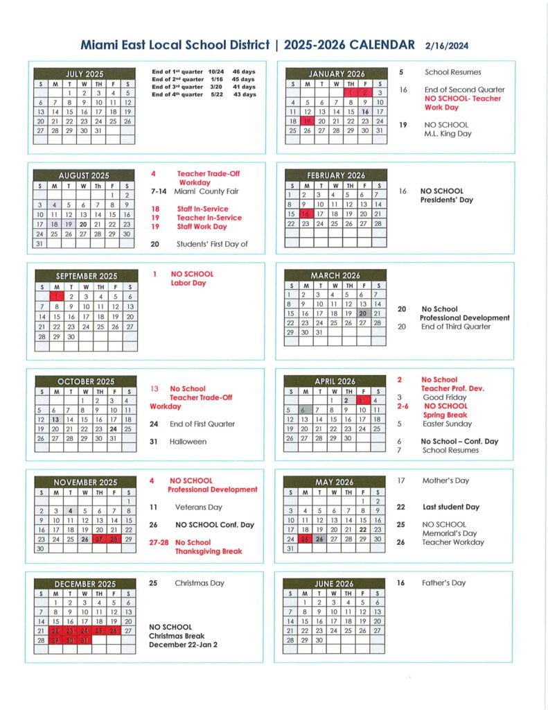 Miami East Local School District calendar 25-26