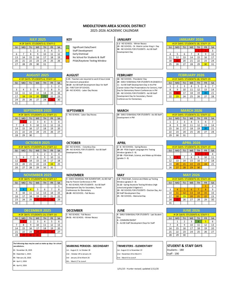Middletown Area School District Calendar 25 26 PDF revised EduCounty