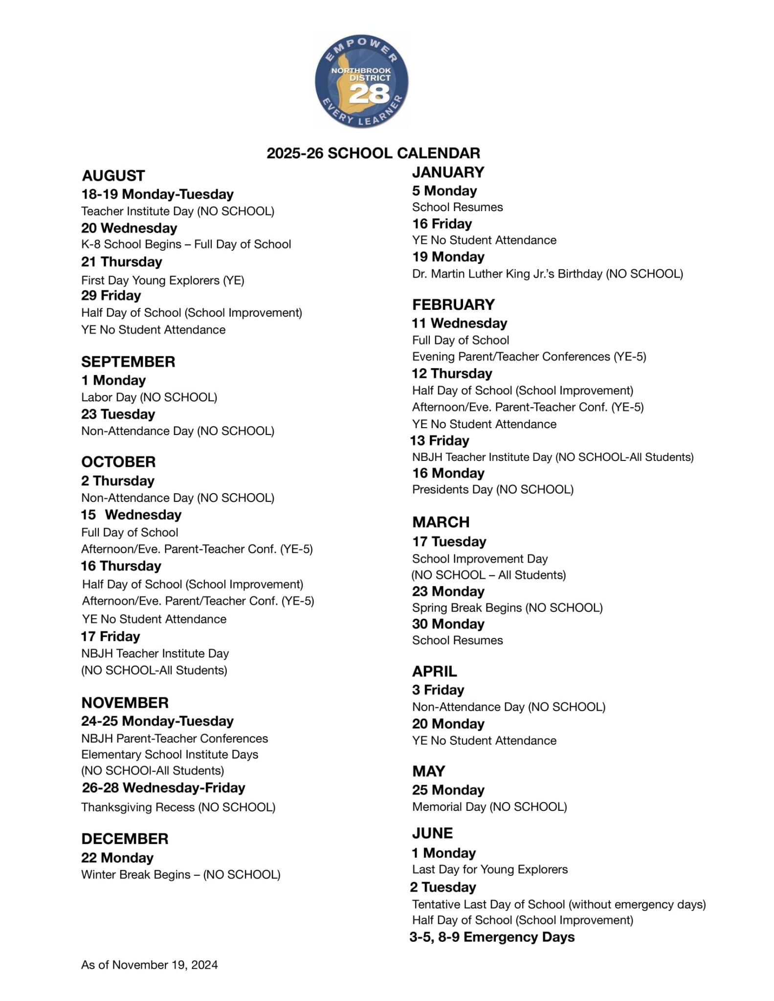 Northbrook School District 28 Calendar revised PDF 25 26 EduCounty