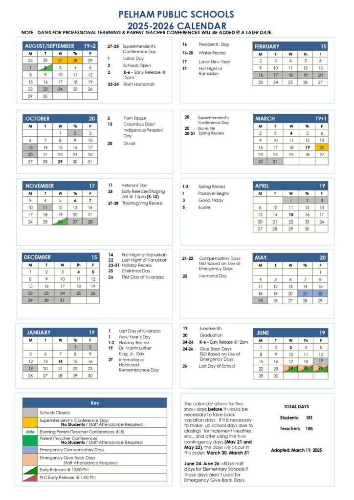Pelham Public Schools Calendar