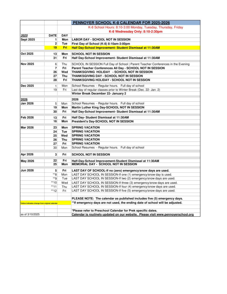 Pennoyer school district 79 K8 calendar