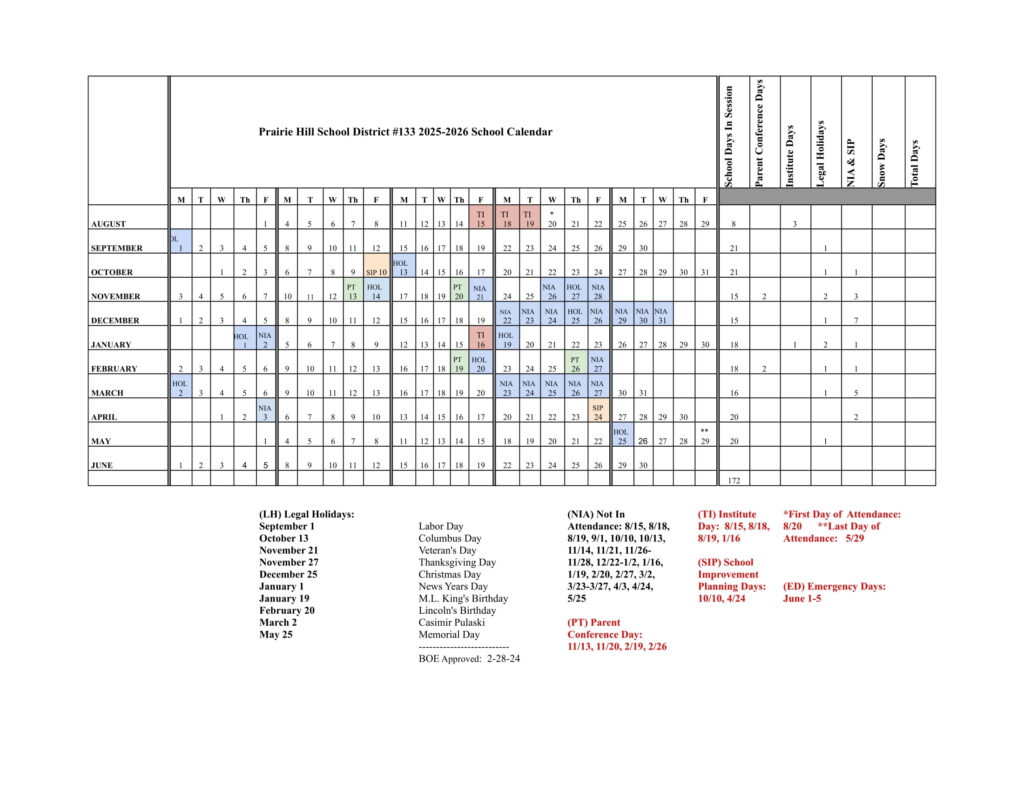 Prairie Hill School District #133 2025-2026 Calendar