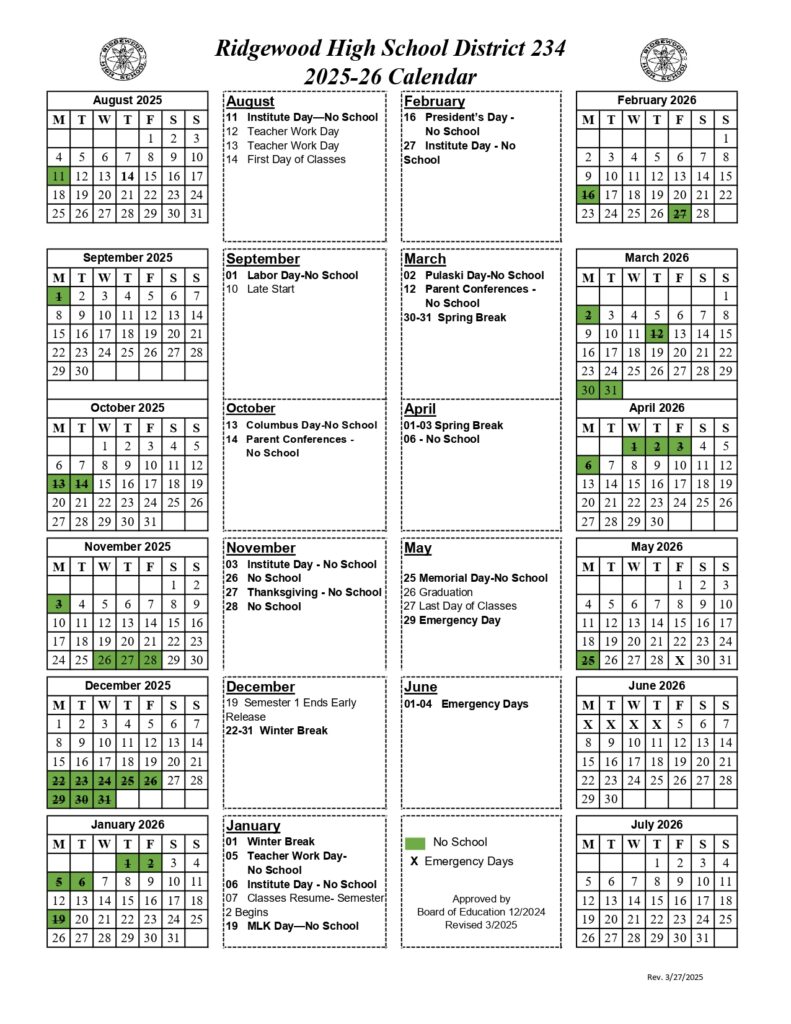 Ridgewood High School District 234 calendar 25-26