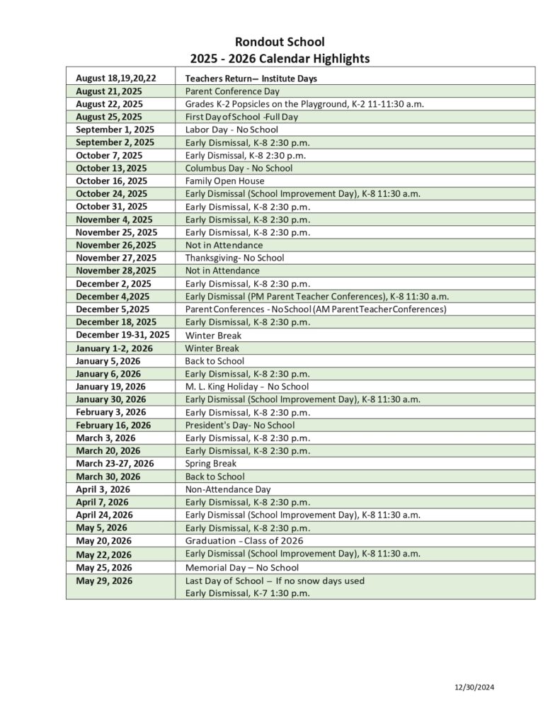 Rondout School calendar