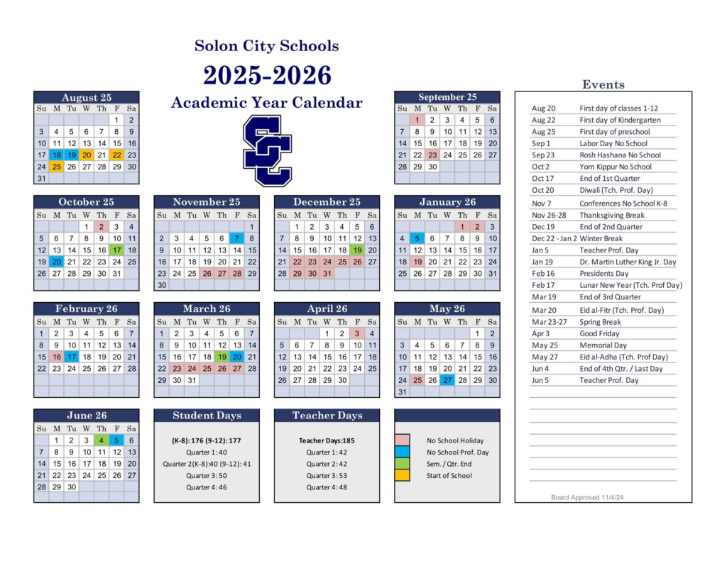 Solon City Schools 25-26 calendar