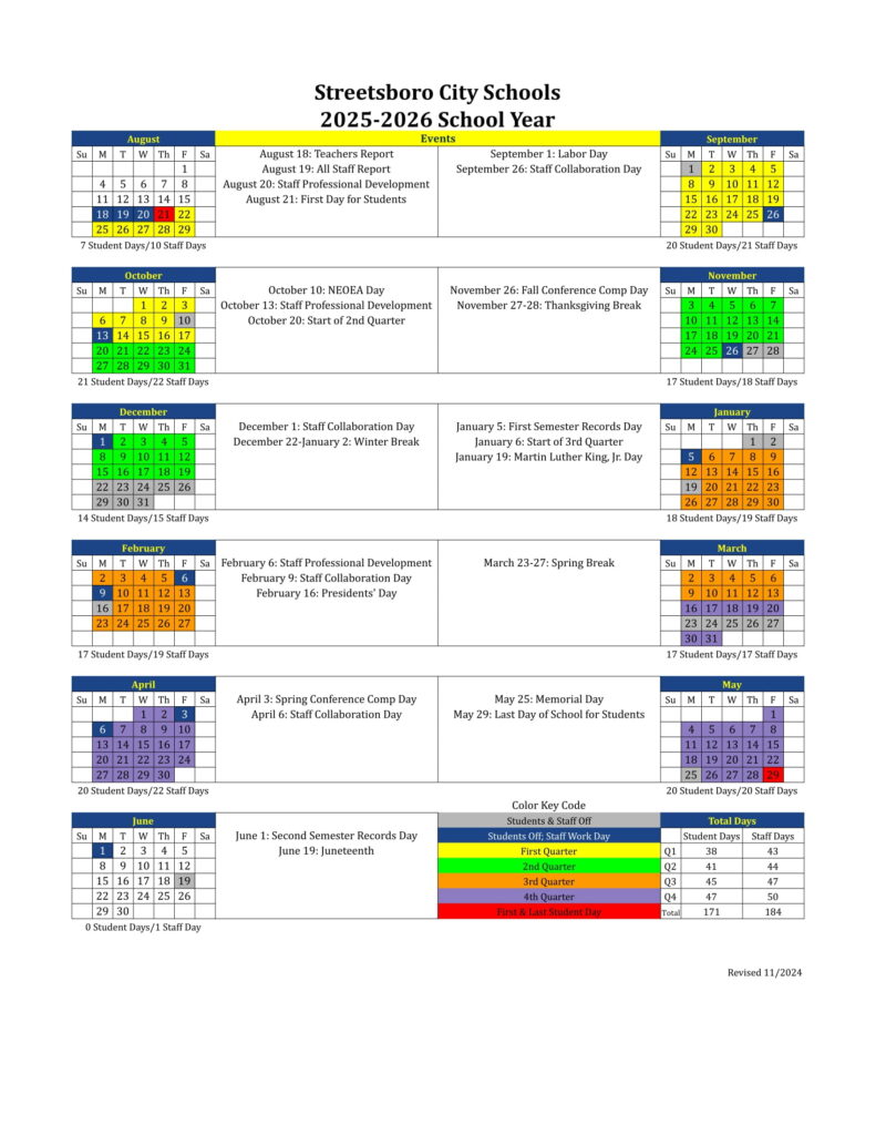 Streetsboro City Schools calendar revised