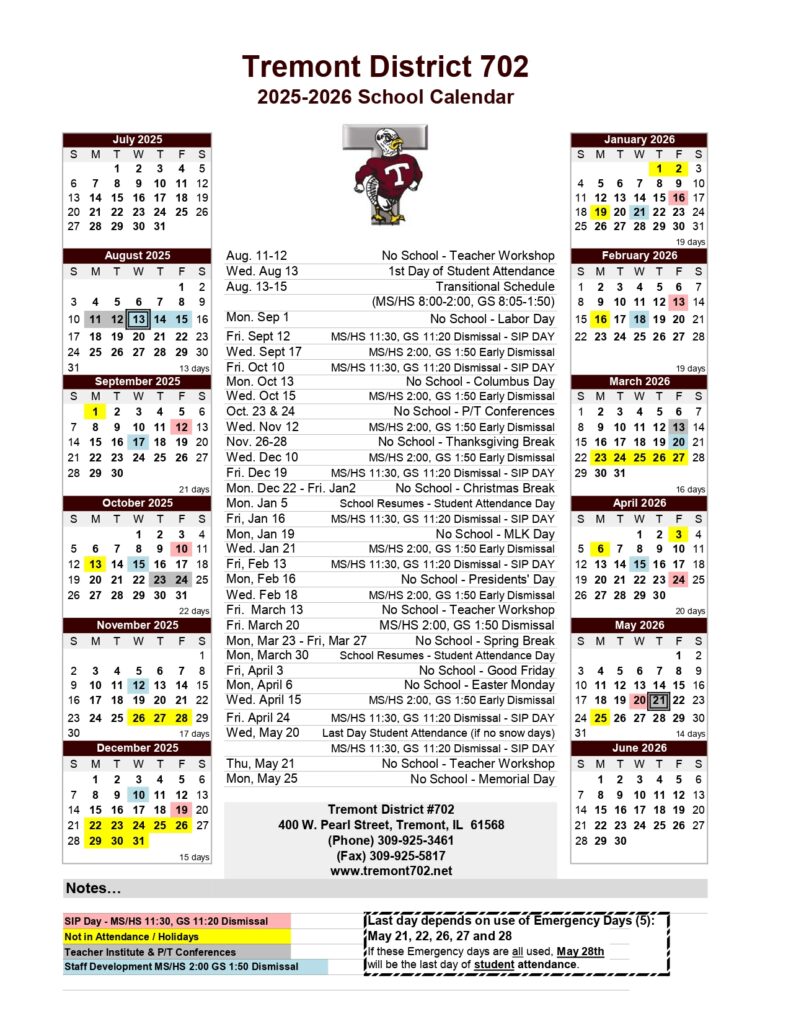 Tremont School District 702 calendar