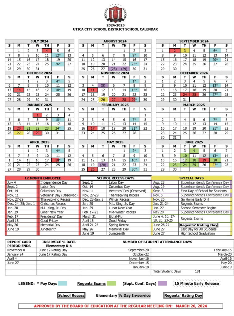Utica City School District calendar 25-26