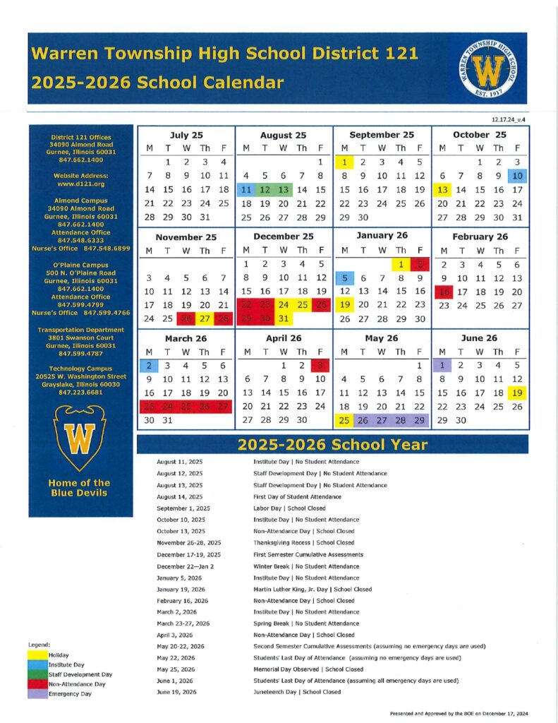 WTHS Warren township Calendar
