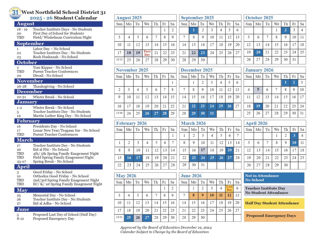 West Northfield School District 31 calendar