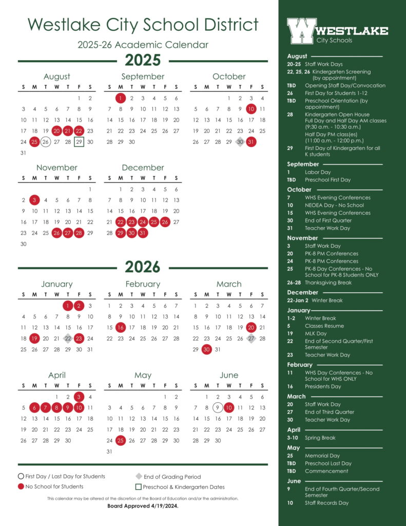 Westlake City School District 25-26 calendar