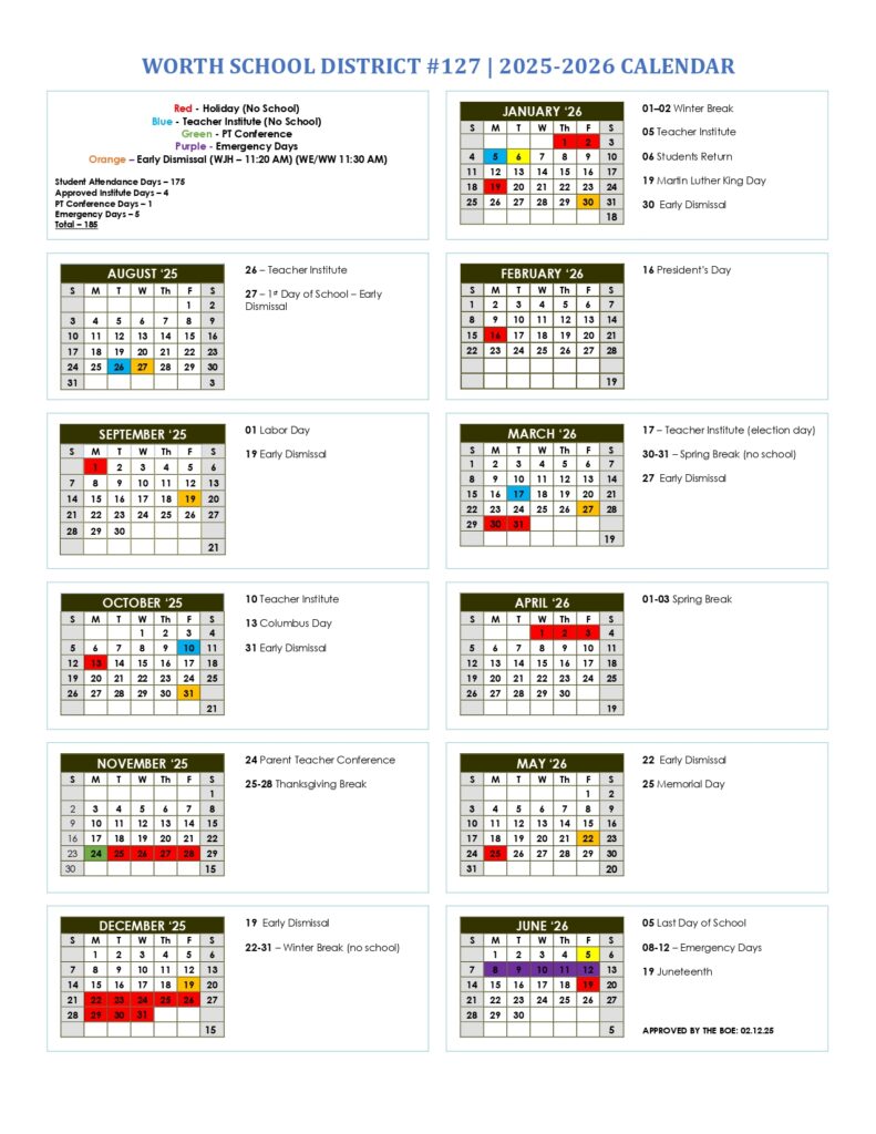 Worth School District #127 calendar