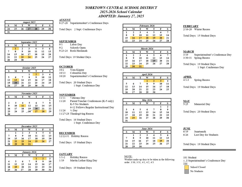 YORKTOWN CENTRAL SCHOOL DISTRICT calendar