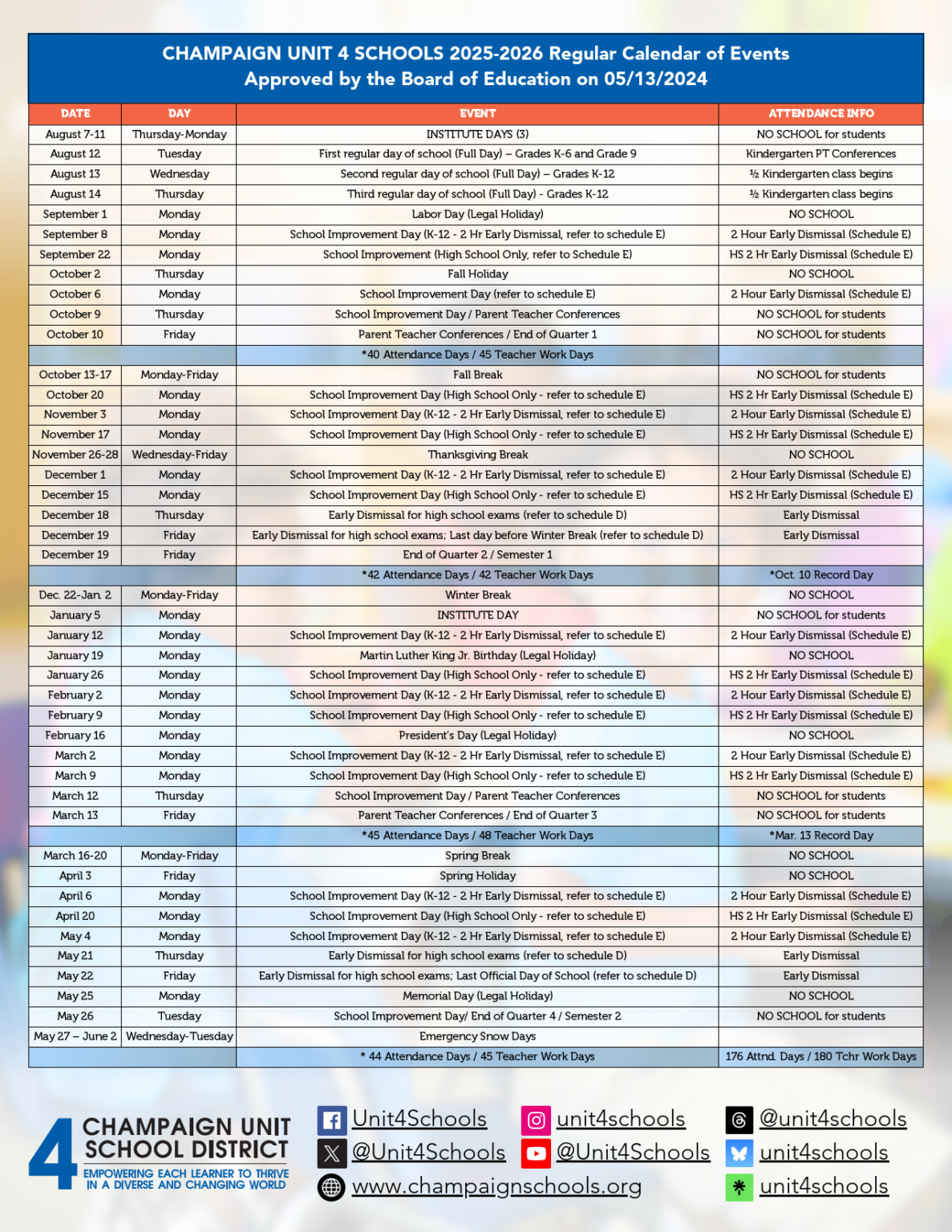 Champaign Unit 4 School Calendar 25 26 revised EduCounty