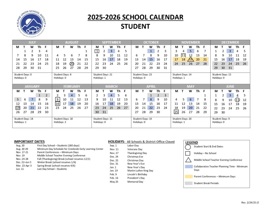Alpine Union School District calendar