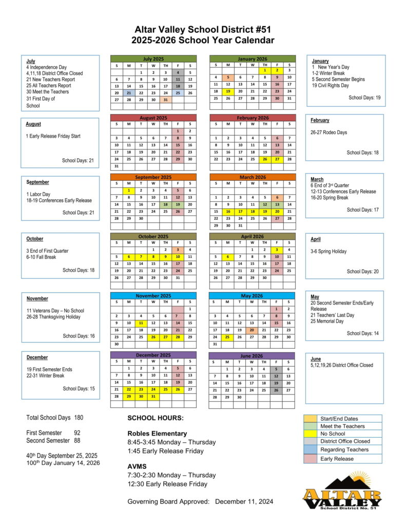 Altar Valley School District #51 calendar