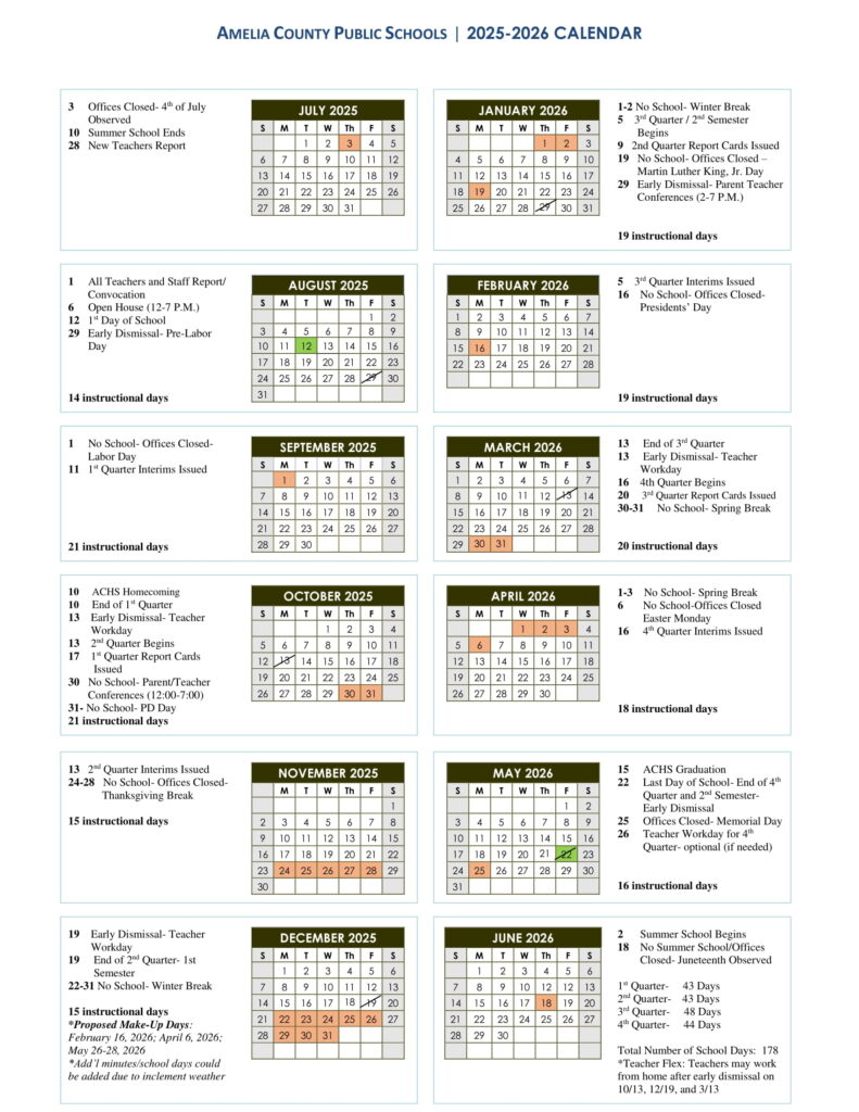 amelia county public schools calendar