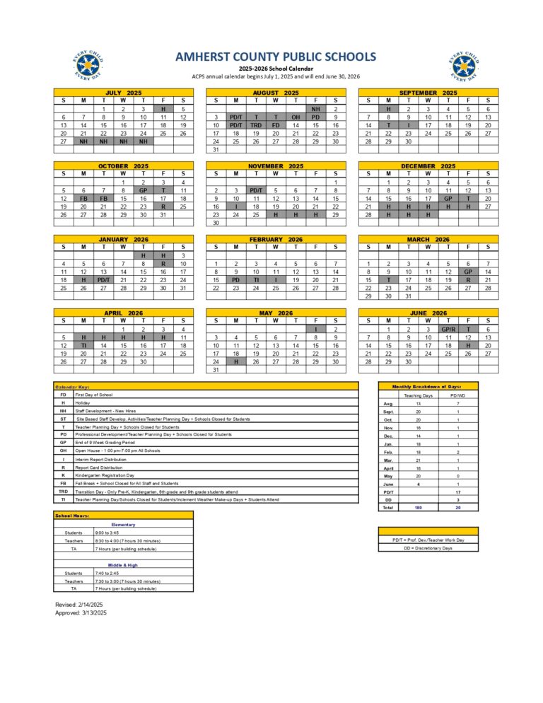 Amherst County va Public Schools Calendar 25 26 Revised PDF EduCounty