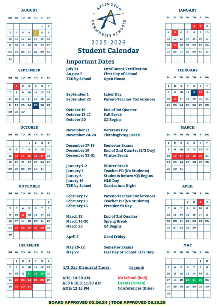 Arlington Community Schools TN Schools Calendar