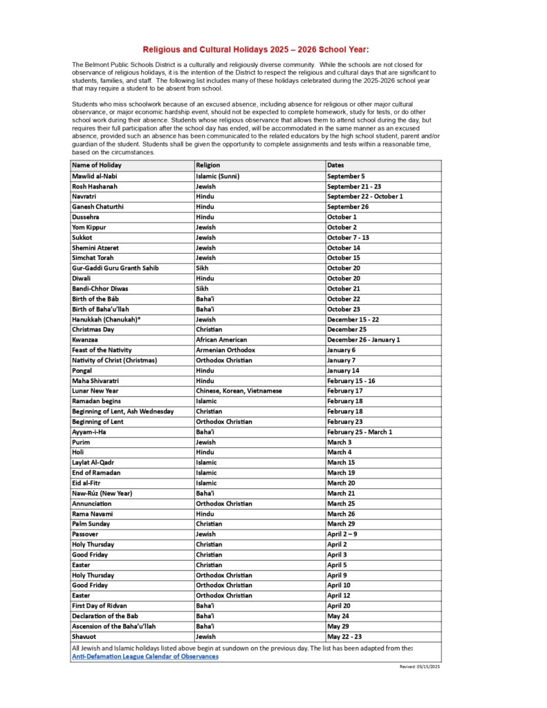 Belmont Public Schools MA Calendar 25-26 Revised [PDF] - EduCounty