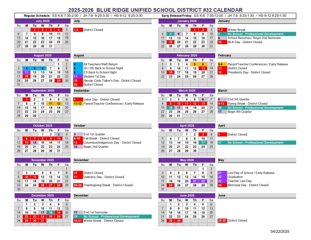 blue ridge unified school calendar