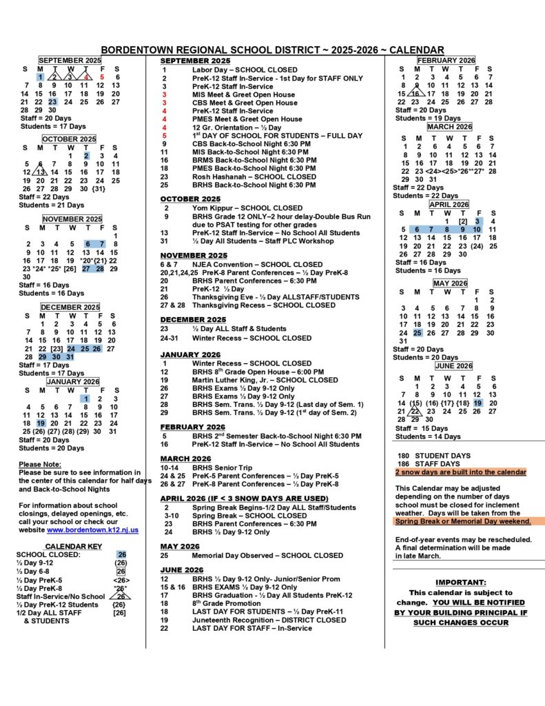 Bordentown Regional School District calendar