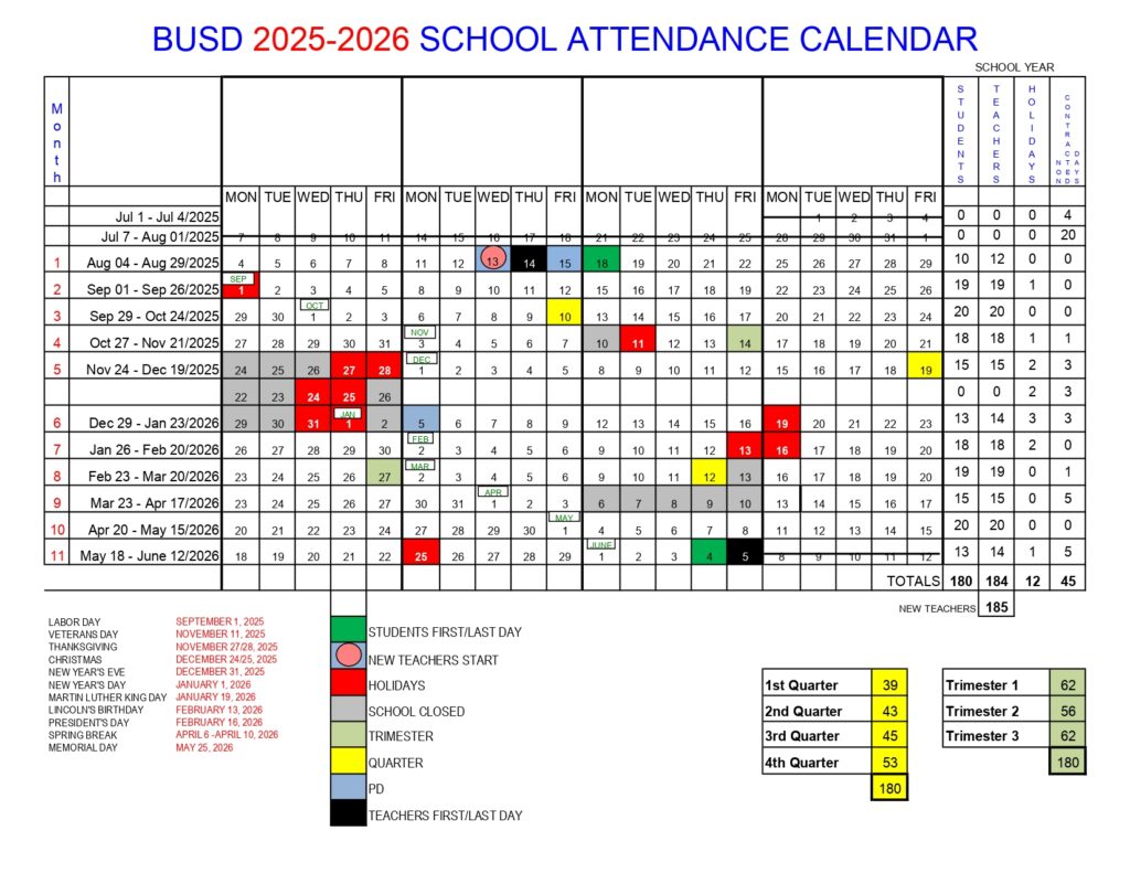 BUSD SCHOOL calendar