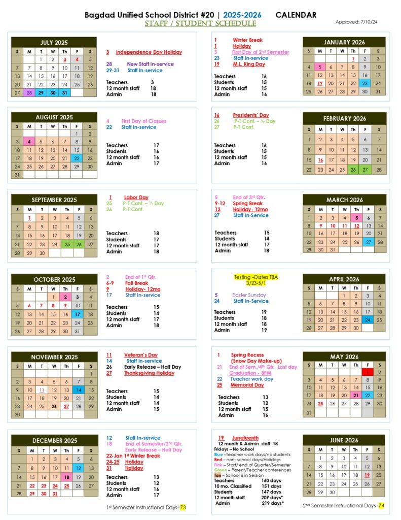 Bagdad Unified School District #20, calendar