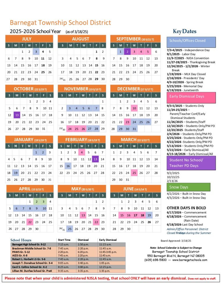 Barnegat Township School District Calendar 25 26 Revised PDF EduCounty