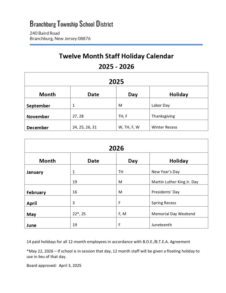 BRANCHBURG TOWNSHIP SCHOOL DISTRICT CALENDAR