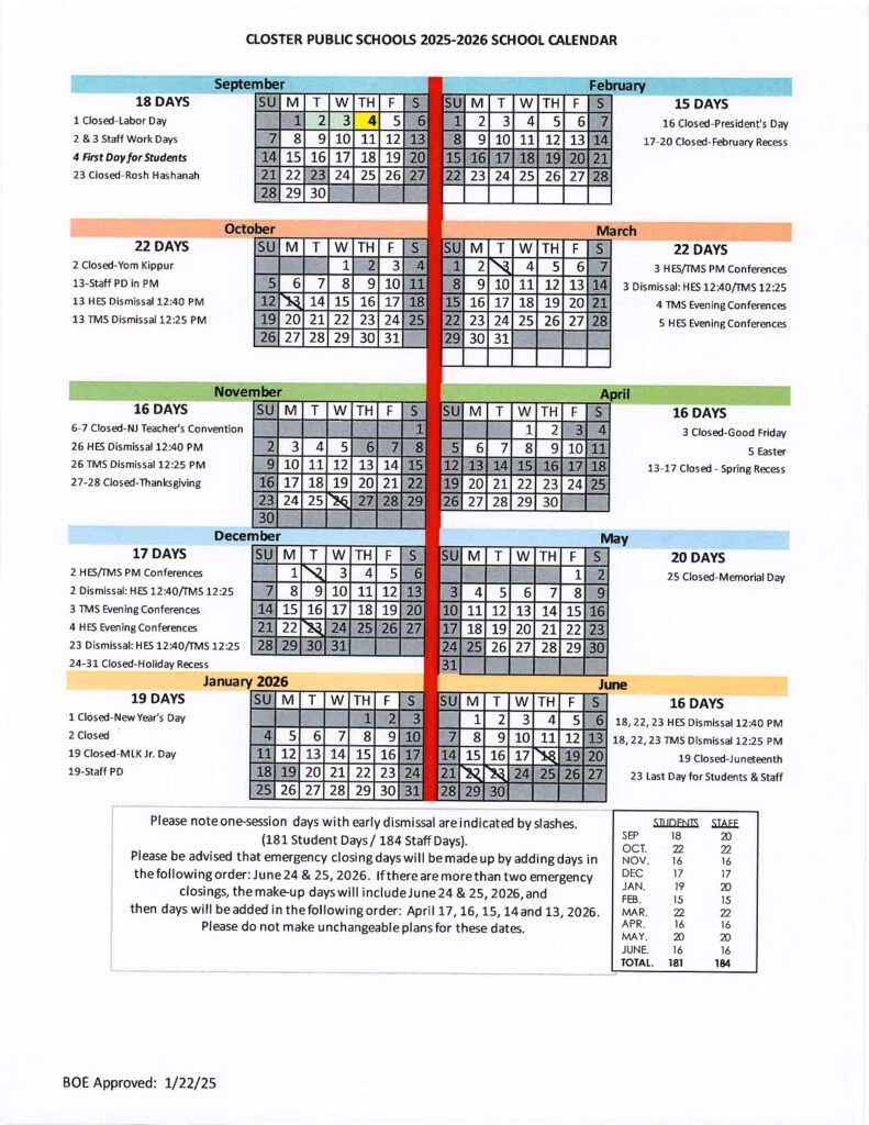 Closter Public School Calendar