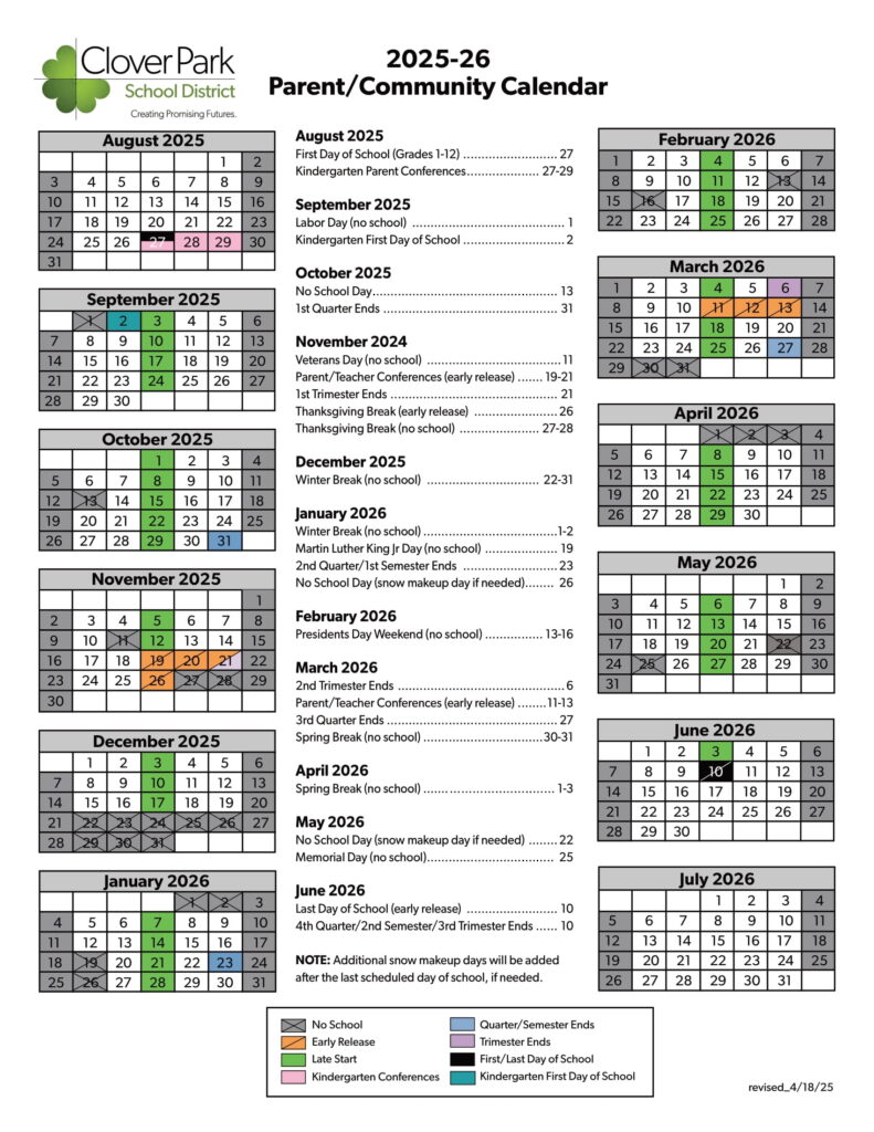 CLOVER PARK SCHOOL DISTRICT CALENDAR