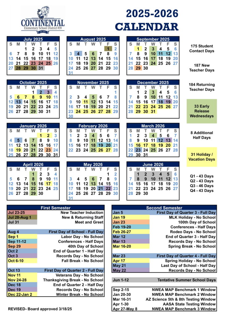 Continental Elementary School District Calendar