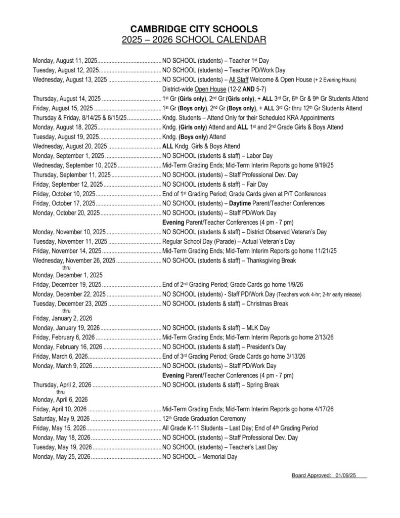 Cambridge City Schools calendar 25-26