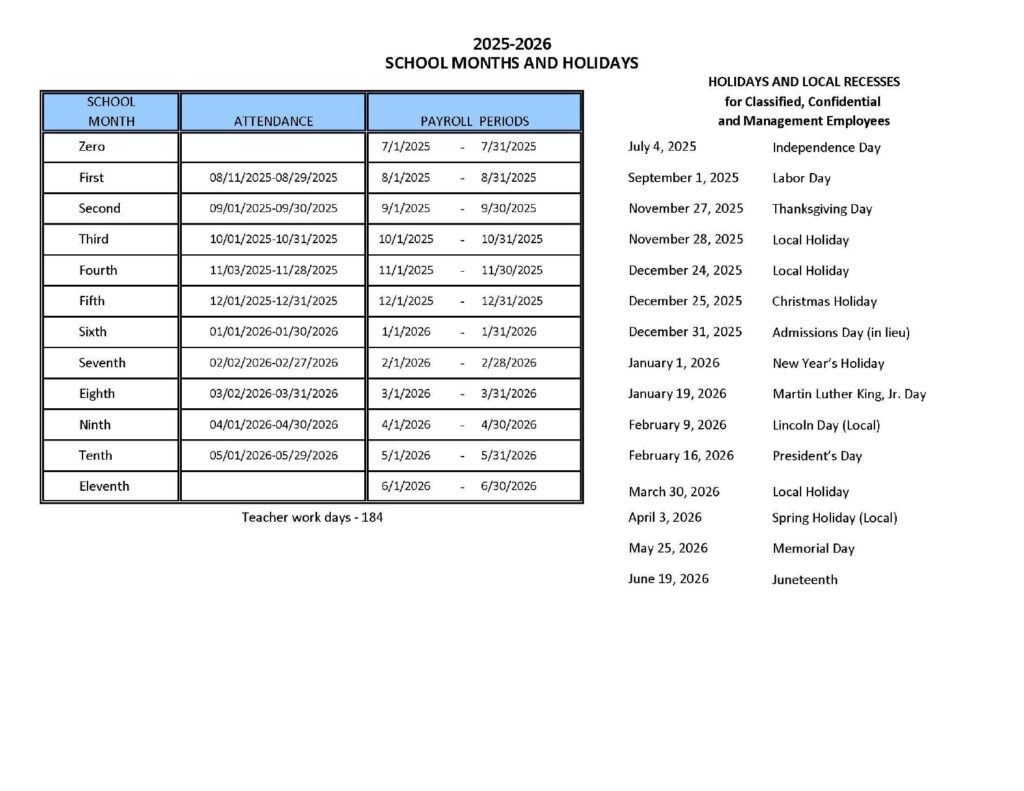 Charter Oak Unified School, 1 calendar