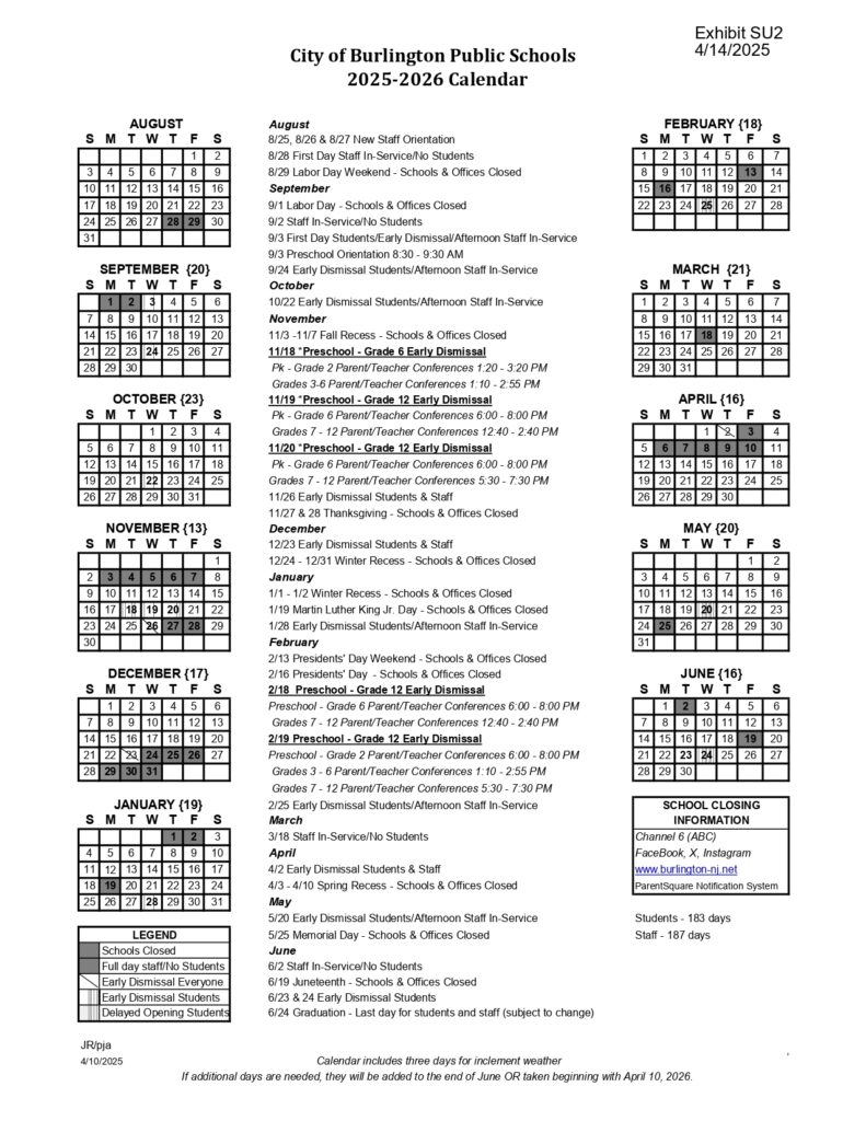 City of Burlington Public Schools Calendar