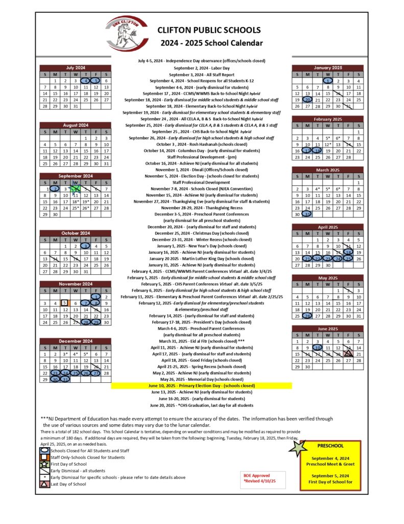 Clifton Public Schools calendar