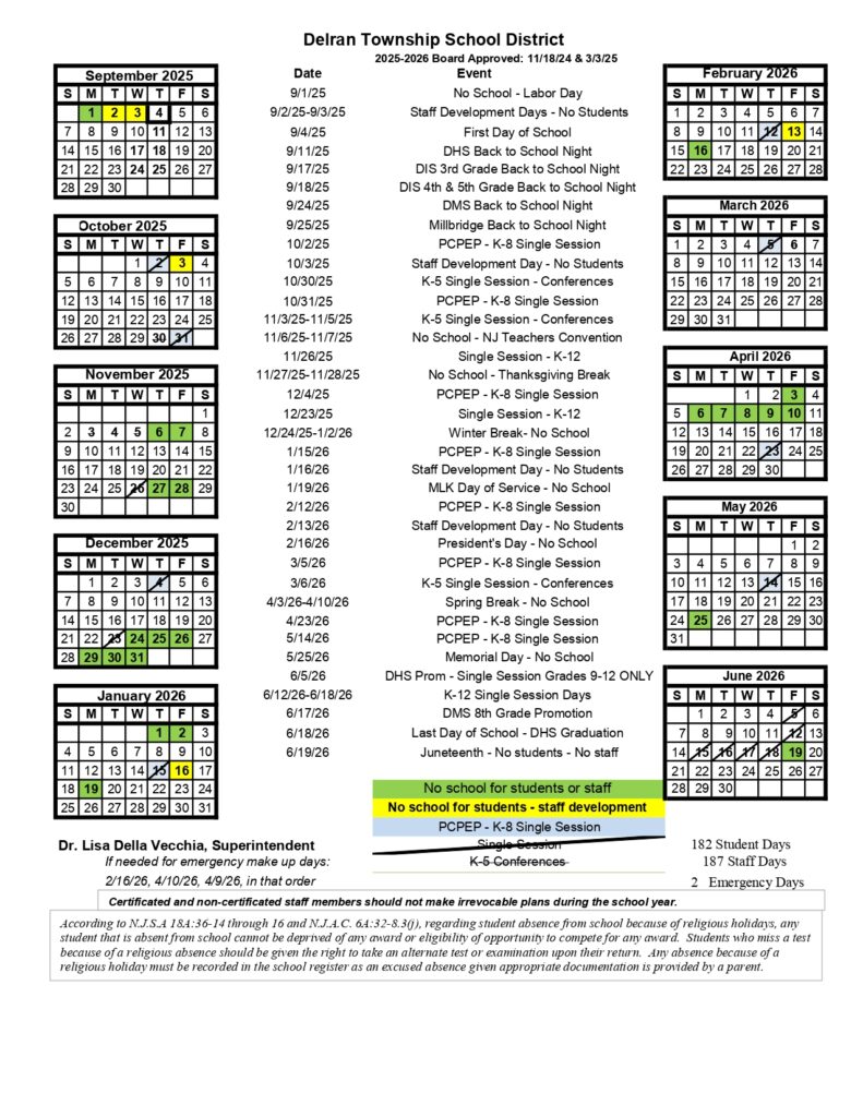 Delran Township School District calendar